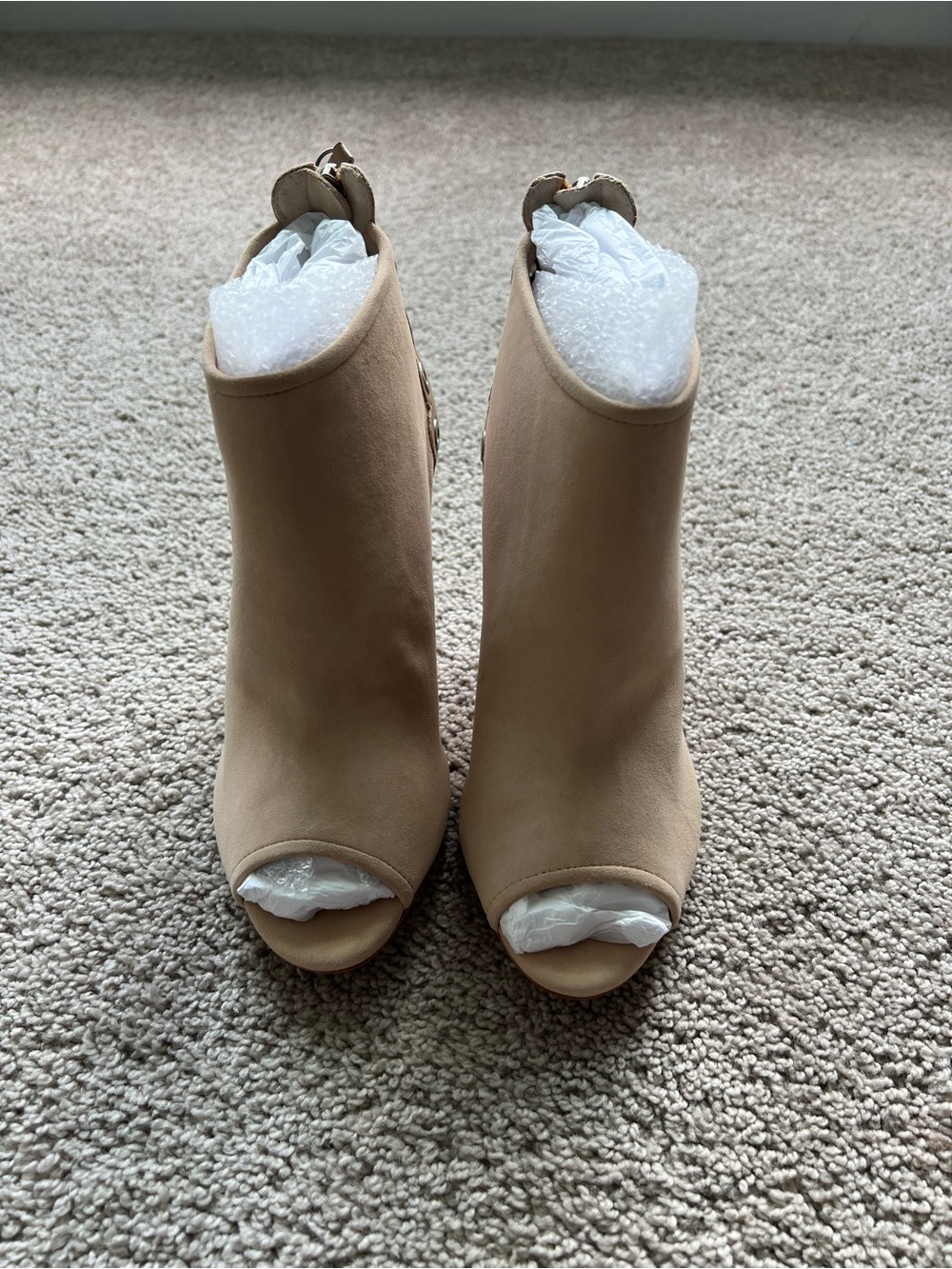 Isa Tapia Ibaza Peep-Toe Ankle Booties in Dune Nappa/ Suede